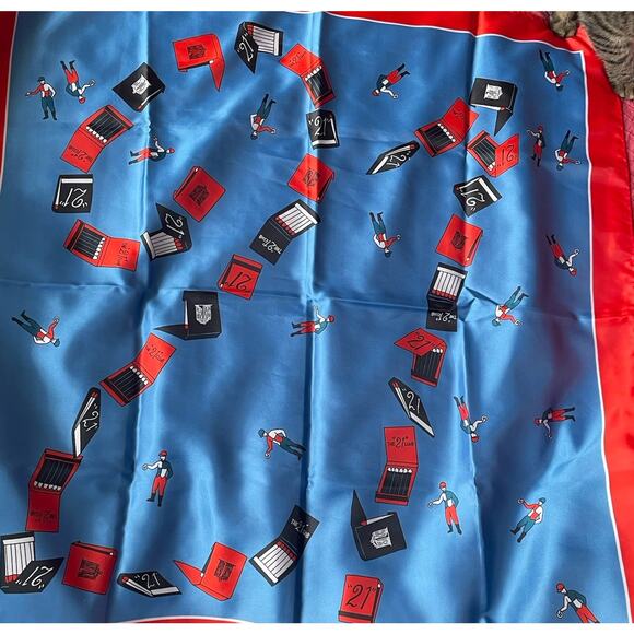 Vintage The 21 Club Scarf Red Blue 100% Silk Made In Japan Jockeys Matchbooks - Picture 2 of 16
